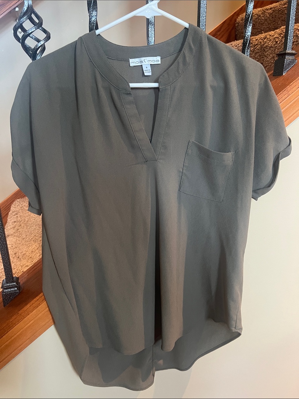 Moa Moa Olive Green Short Sleeve Split V-Neck Blouse